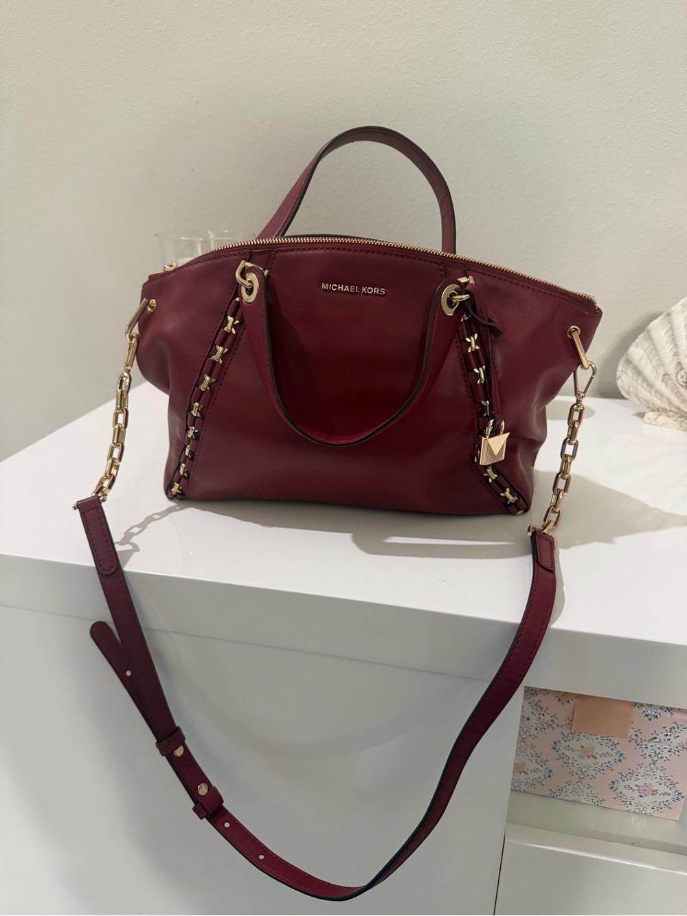 NWOT Michael Kors Wine Red Leather Shoulder Bag with Gold Chain